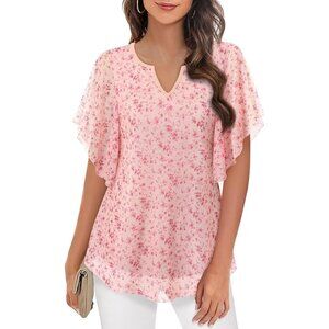 Women's Short Sleeve Tops Dressy Casual V Neck Double Layers Tunics Tops Pink